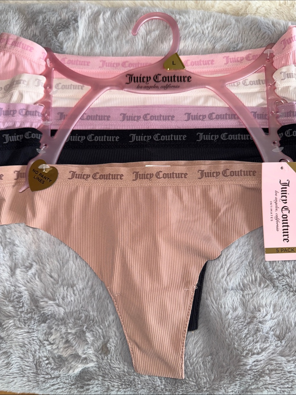 Juicy Couture Ribbed 5-Pack Thong Set - Pink, Black, Cream, Blush